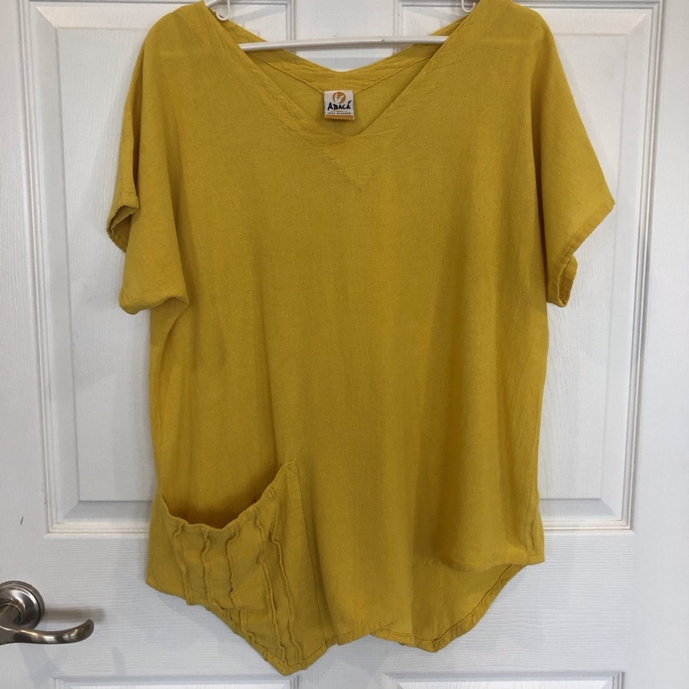 Abaca cotton Lagenlook loose fit top mustard yellow asymmetrical hem pocket
